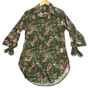 Milonga Leopard Tropical Print Tunic Women Medium Green Button Down Tie Sleeve